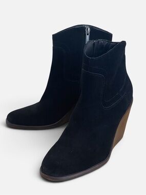 Lucky Brand Wadier Black Suede Wedge Heel Ankle Booties Western Boots Sz 7.5